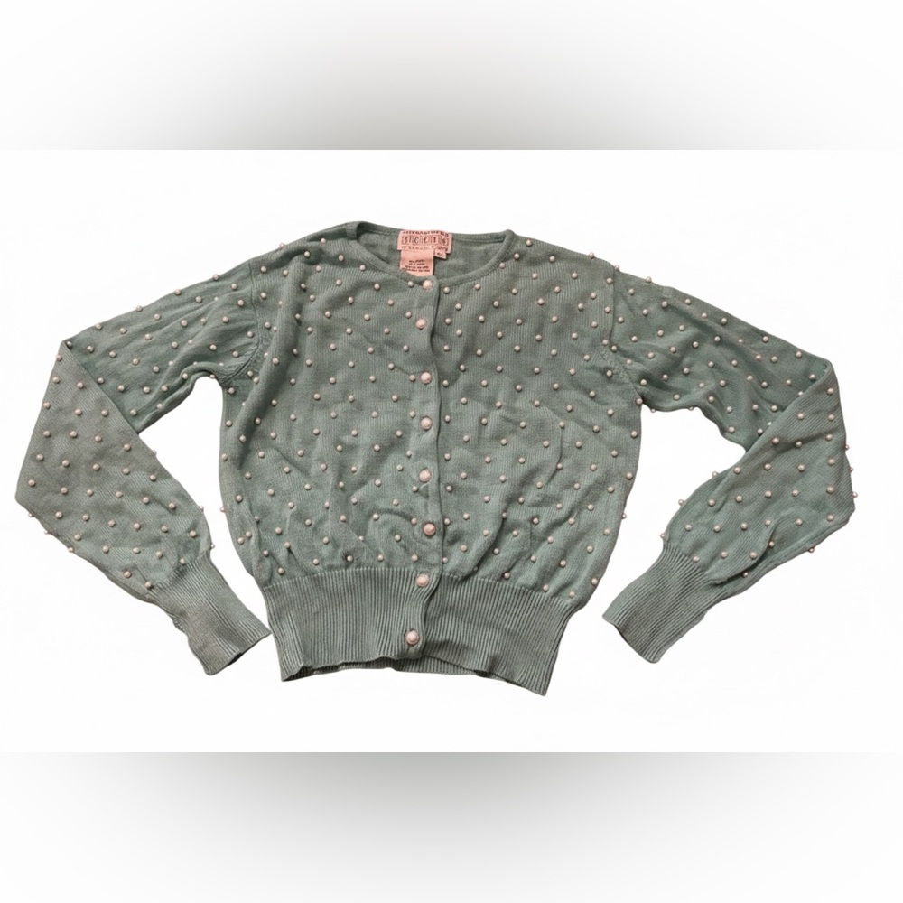 Saks Fifth Avenue Folio Vintage Pearl Cardigan XL Sage Green Rayon Cotton